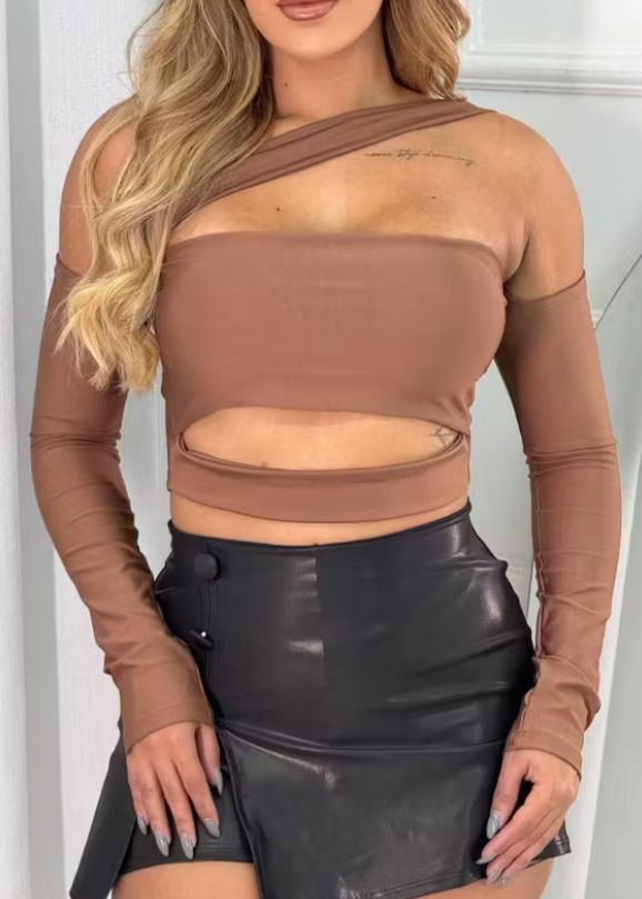 Cropped Faixa Manga Longa Moda Blogueira Gringa Sem Bojo, Decotado Ombro a Ombro