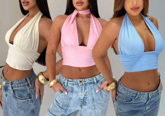 Croped com amarração multiformas, moda gringa