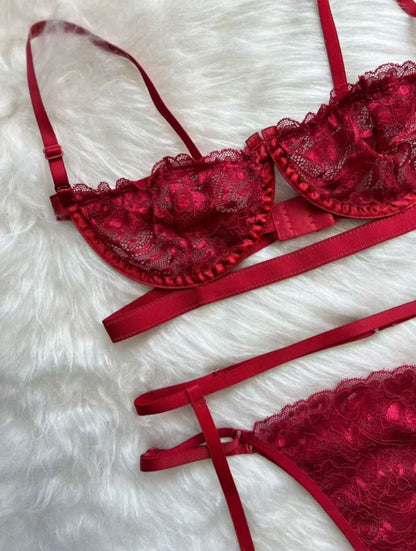 Mit Lingerie Kit Conjunto Sexy Gringa Sutiã Meia Taça Com Aro + Calcinha Regulável + Cinta Liga