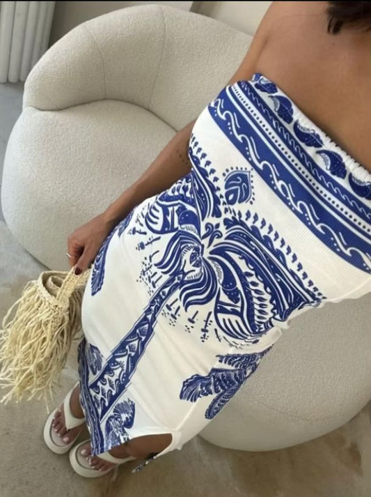 Vestido Feminino Estampado Luxo Tomara Que Caia Com Fenda Mídi Ribana