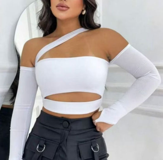 Cropped  Faixa Manga Longa Moda Blogueira Gringa Sem Bojo, Decotado Ombro a Ombro