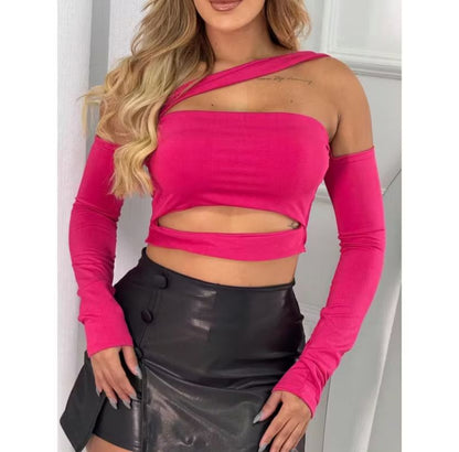 Cropped  Faixa Manga Longa Moda Blogueira Gringa Sem Bojo, Decotado Ombro a Ombro